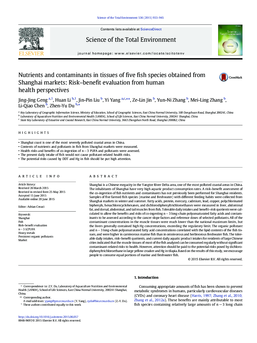 Nutrients and contaminants in tissues of five fish species obtained from Shanghai markets: Risk-benefit evaluation from human health perspectives