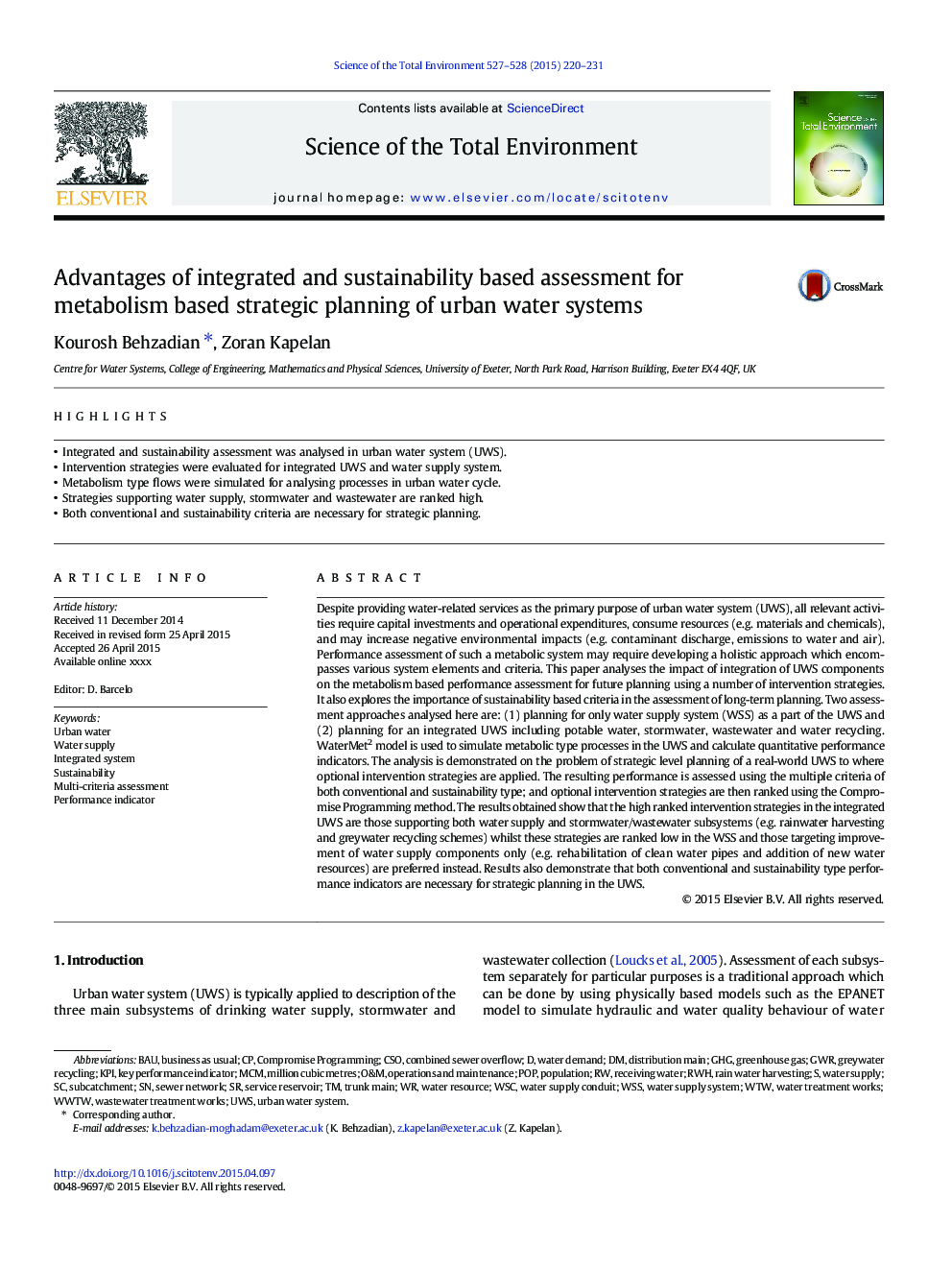 مزایای ارزیابی مبتنی بر یکپارچه و پایداری برای برنامه ریزی استراتژیک مبتنی بر متابولیسم سیستم های آب شهری 