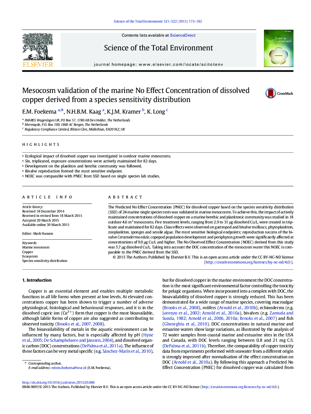 Mesocosm validation of the marine No Effect Concentration of dissolved copper derived from a species sensitivity distribution