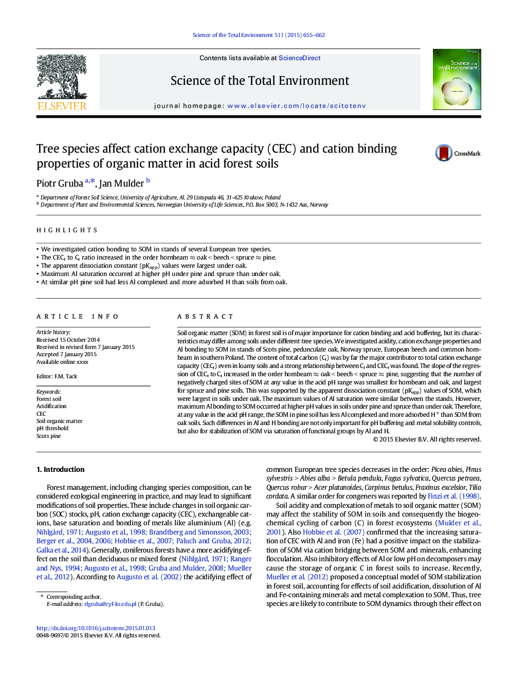 Tree species affect cation exchange capacity (CEC) and cation binding properties of organic matter in acid forest soils