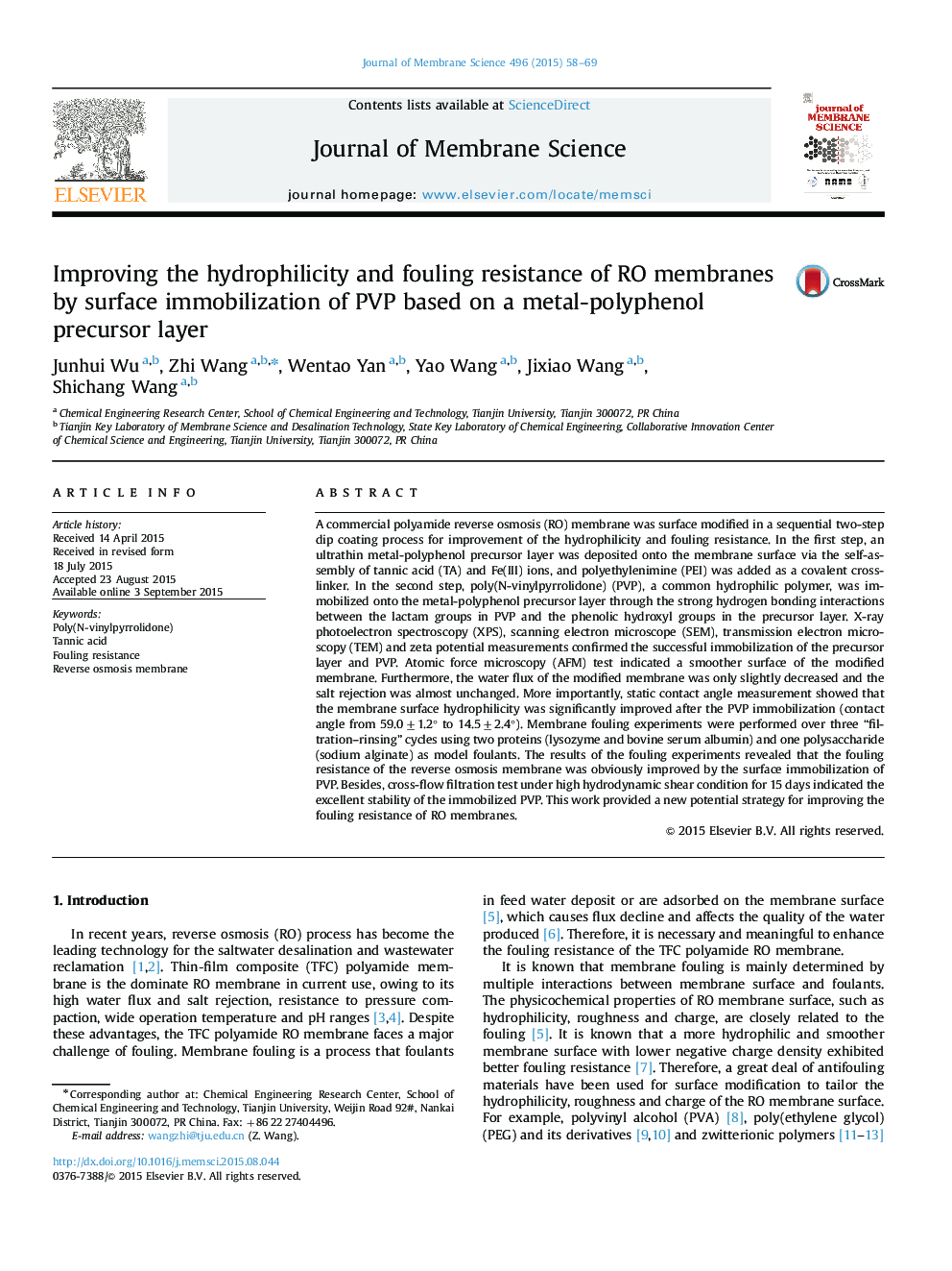 Improving the hydrophilicity and fouling resistance of RO membranes by surface immobilization of PVP based on a metal-polyphenol precursor layer