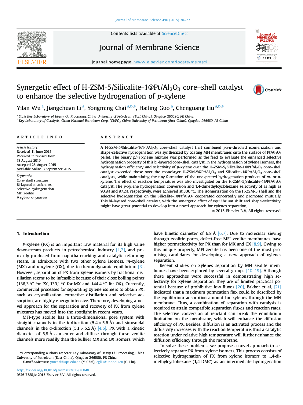 Synergetic effect of H-ZSM-5/Silicalite-1@Pt/Al2O3 core–shell catalyst to enhance the selective hydrogenation of p-xylene