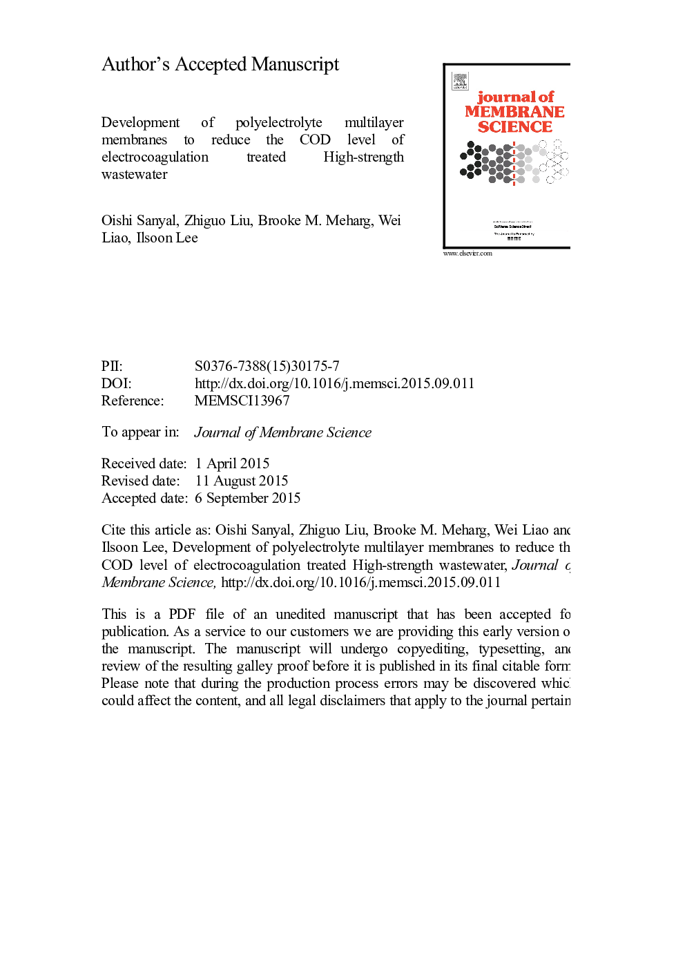 Development of polyelectrolyte multilayer membranes to reduce the COD level of electrocoagulation treated high-strength wastewater