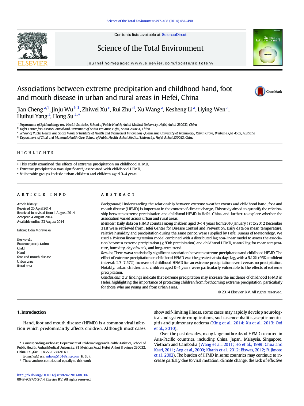 Associations between extreme precipitation and childhood hand, foot and mouth disease in urban and rural areas in Hefei, China