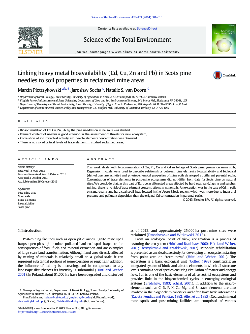 Linking heavy metal bioavailability (Cd, Cu, Zn and Pb) in Scots pine needles to soil properties in reclaimed mine areas