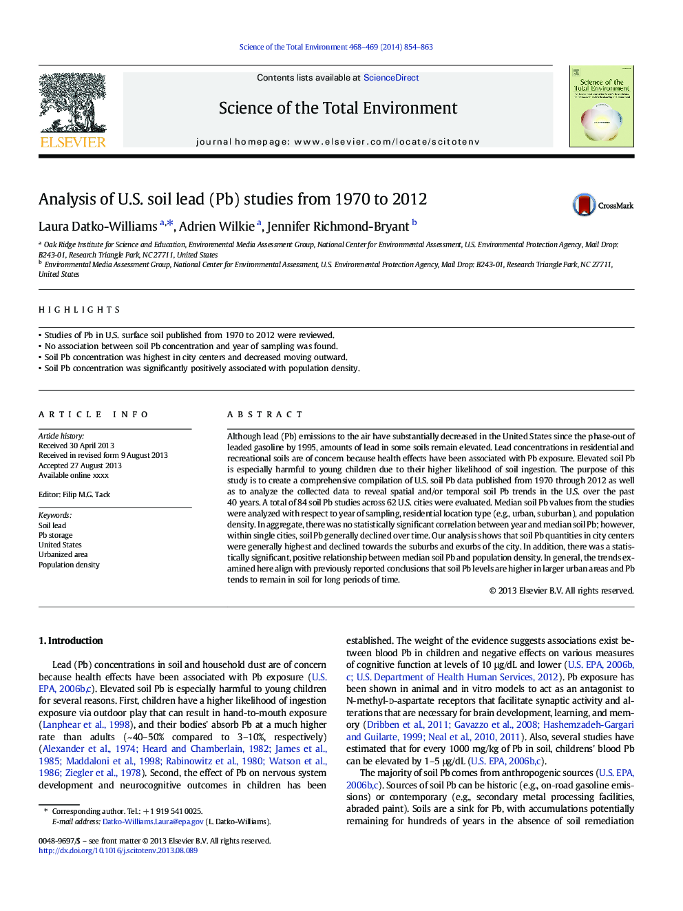Analysis of U.S. soil lead (Pb) studies from 1970 to 2012