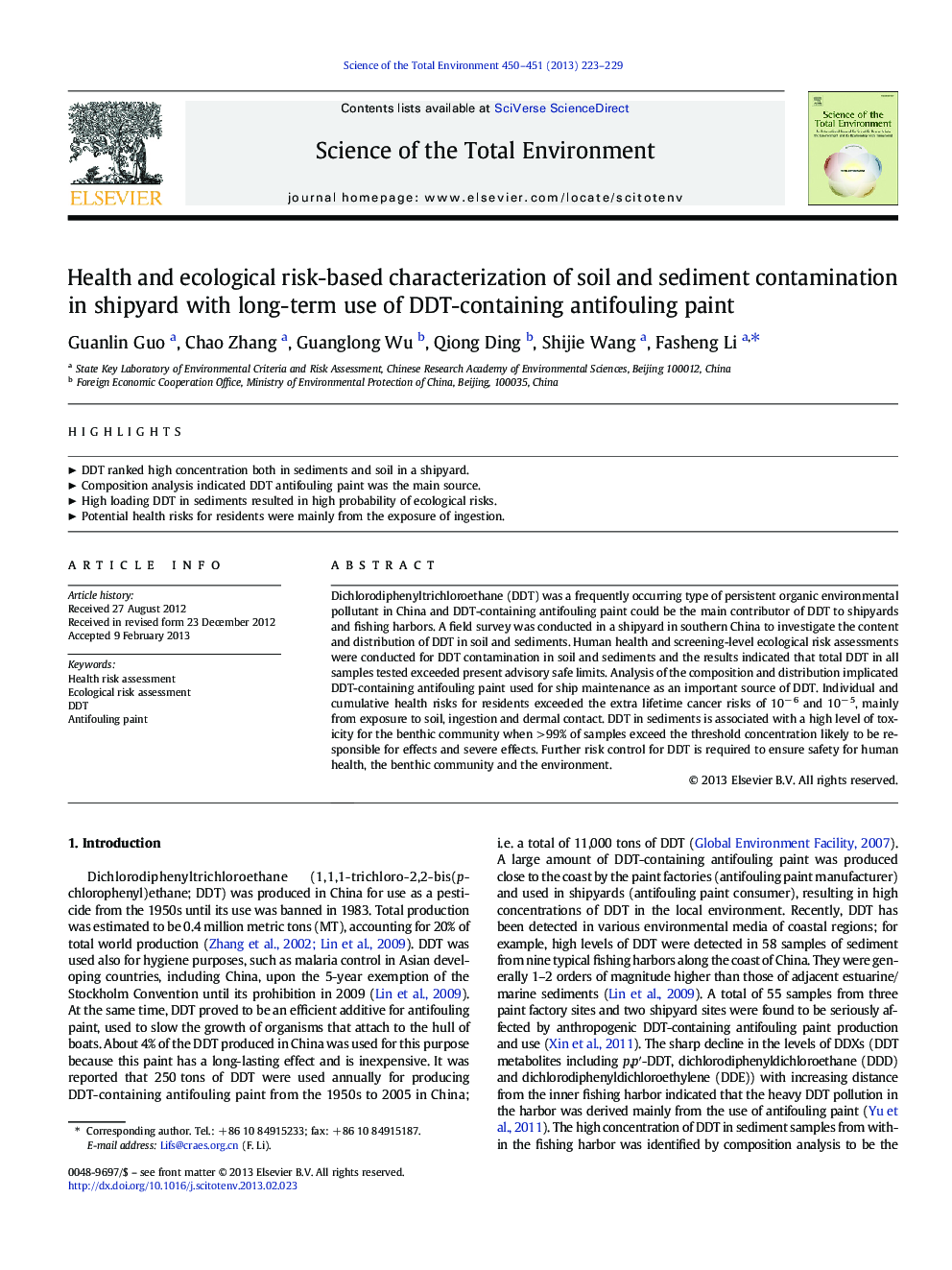 Health and ecological risk-based characterization of soil and sediment contamination in shipyard with long-term use of DDT-containing antifouling paint