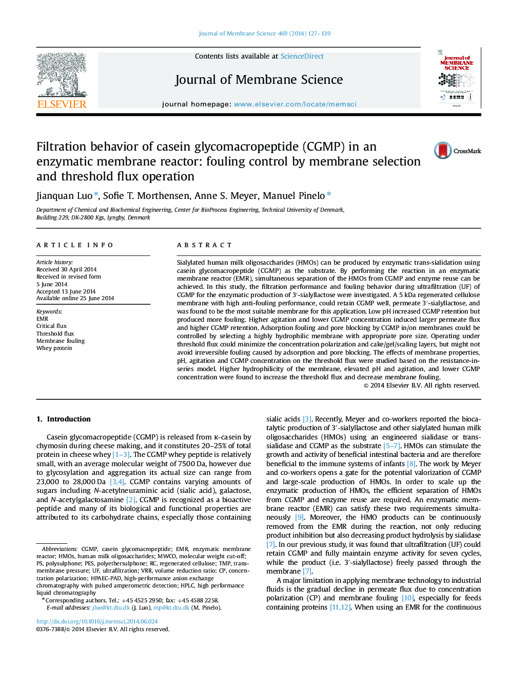 Filtration behavior of casein glycomacropeptide (CGMP) in an enzymatic membrane reactor: fouling control by membrane selection and threshold flux operation