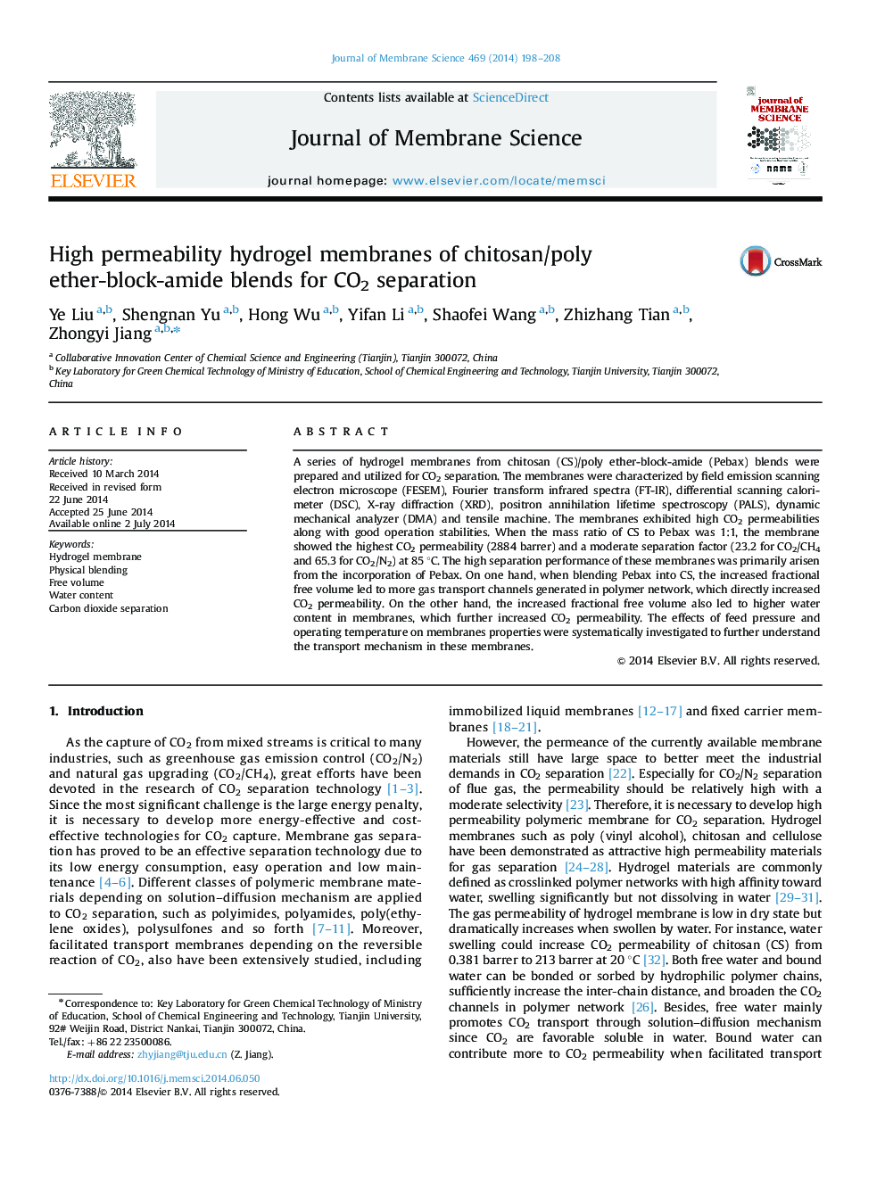 High permeability hydrogel membranes of chitosan/poly ether-block-amide blends for CO2 separation