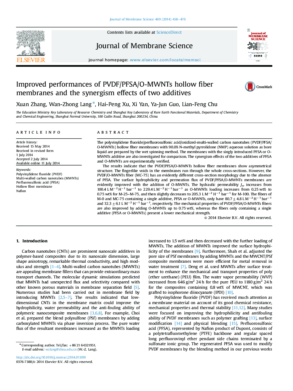 Improved performances of PVDF/PFSA/O-MWNTs hollow fiber membranes and the synergism effects of two additives