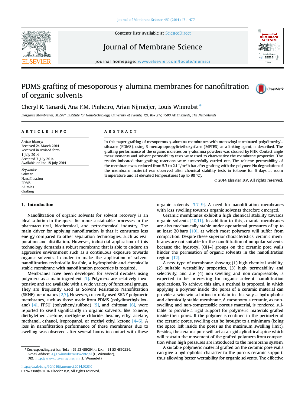 PDMS grafting of mesoporous Î³-alumina membranes for nanofiltration of organic solvents