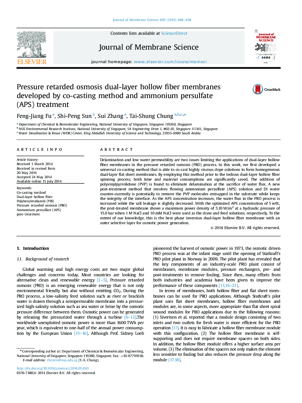 Pressure retarded osmosis dual-layer hollow fiber membranes developed by co-casting method and ammonium persulfate (APS) treatment