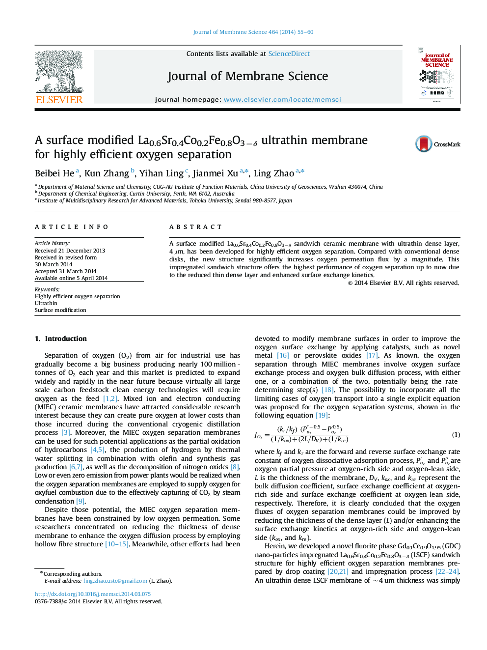 A surface modified La0.6Sr0.4Co0.2Fe0.8O3âÎ´ ultrathin membrane for highly efficient oxygen separation