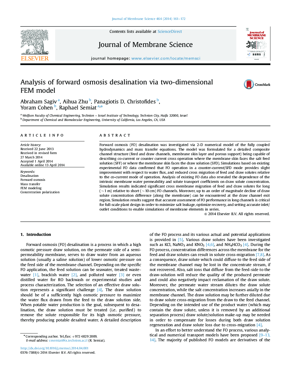 Analysis of forward osmosis desalination via two-dimensional FEM model