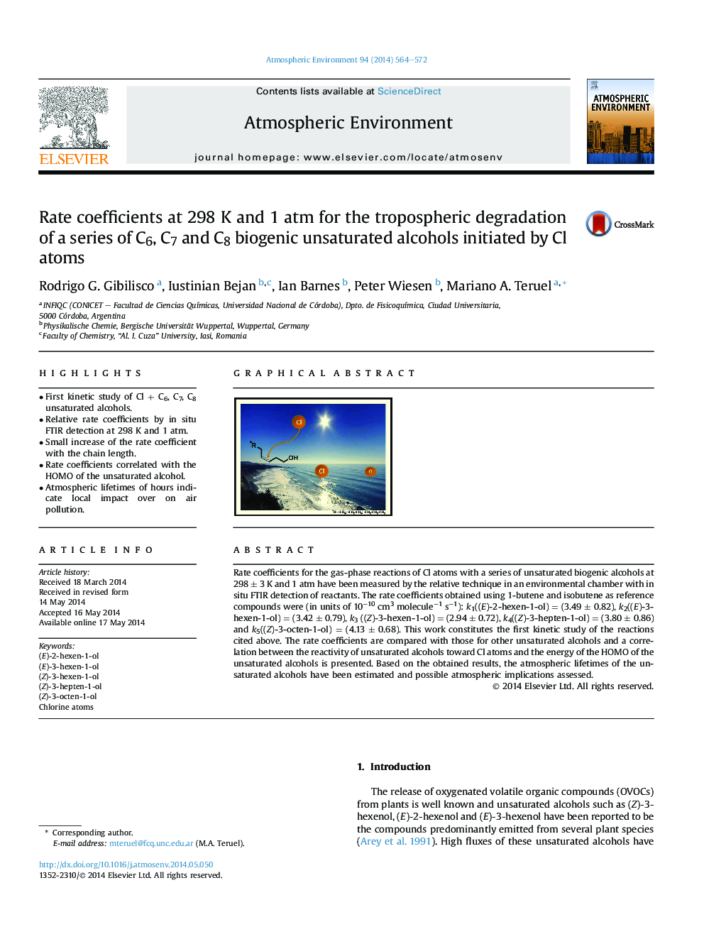 Rate coefficients at 298Â K and 1Â atm for the tropospheric degradation of a series of C6, C7 and C8 biogenic unsaturated alcohols initiated by Cl atoms