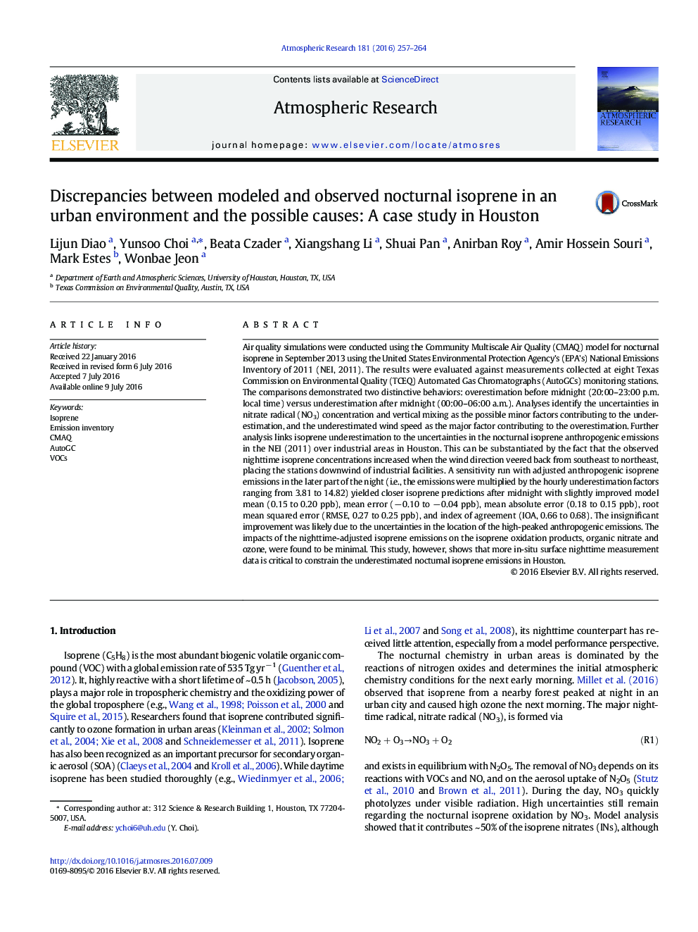 اختلاف بین ایزوپرن شبانه مدل شده و مشاهده شده در محیط شهری و علل احتمالی: مطالعه موردی در هوستون 