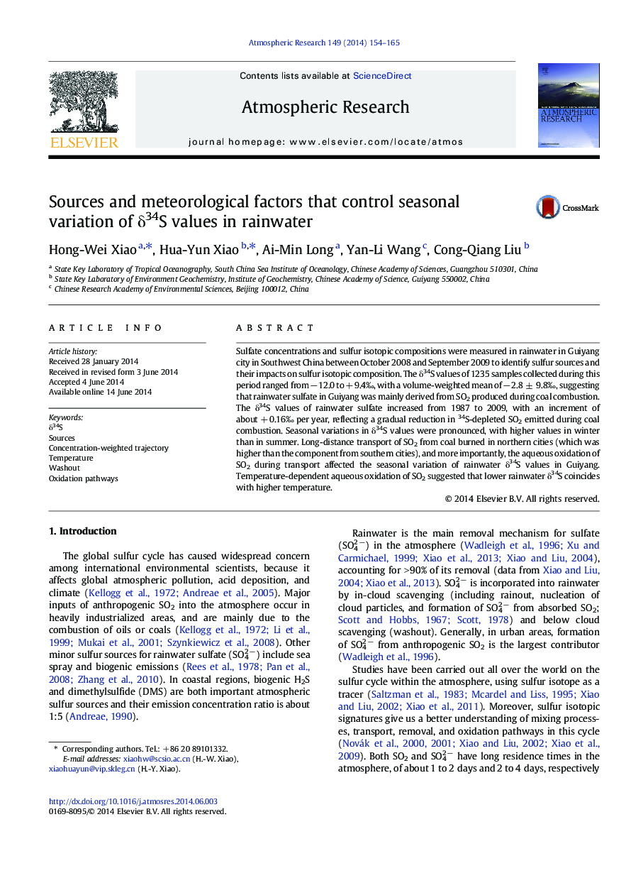 Sources and meteorological factors that control seasonal variation of Î´34S values in rainwater