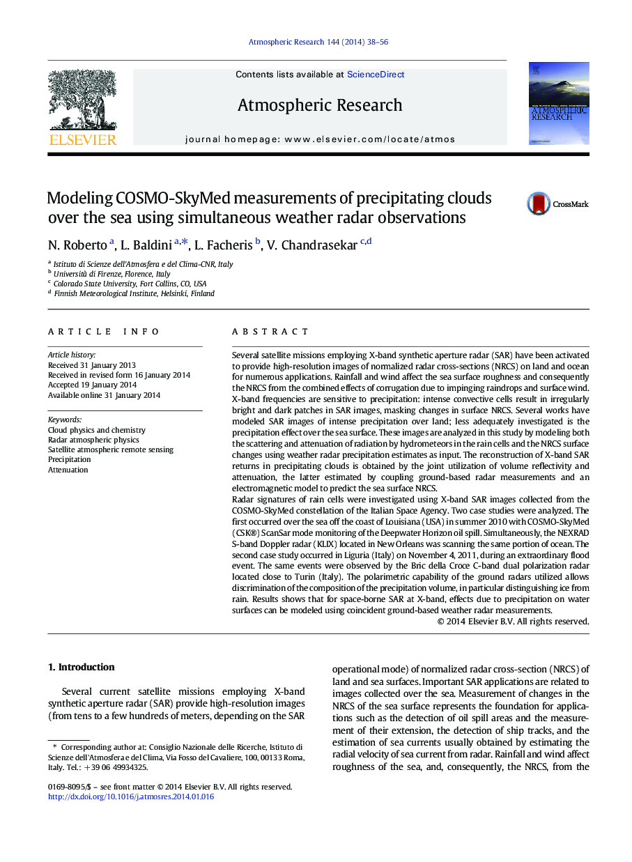 Modeling COSMO-SkyMed measurements of precipitating clouds over the sea using simultaneous weather radar observations