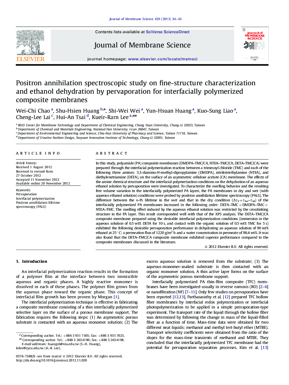 Positron annihilation spectroscopic study on fine-structure characterization and ethanol dehydration by pervaporation for interfacially polymerized composite membranes