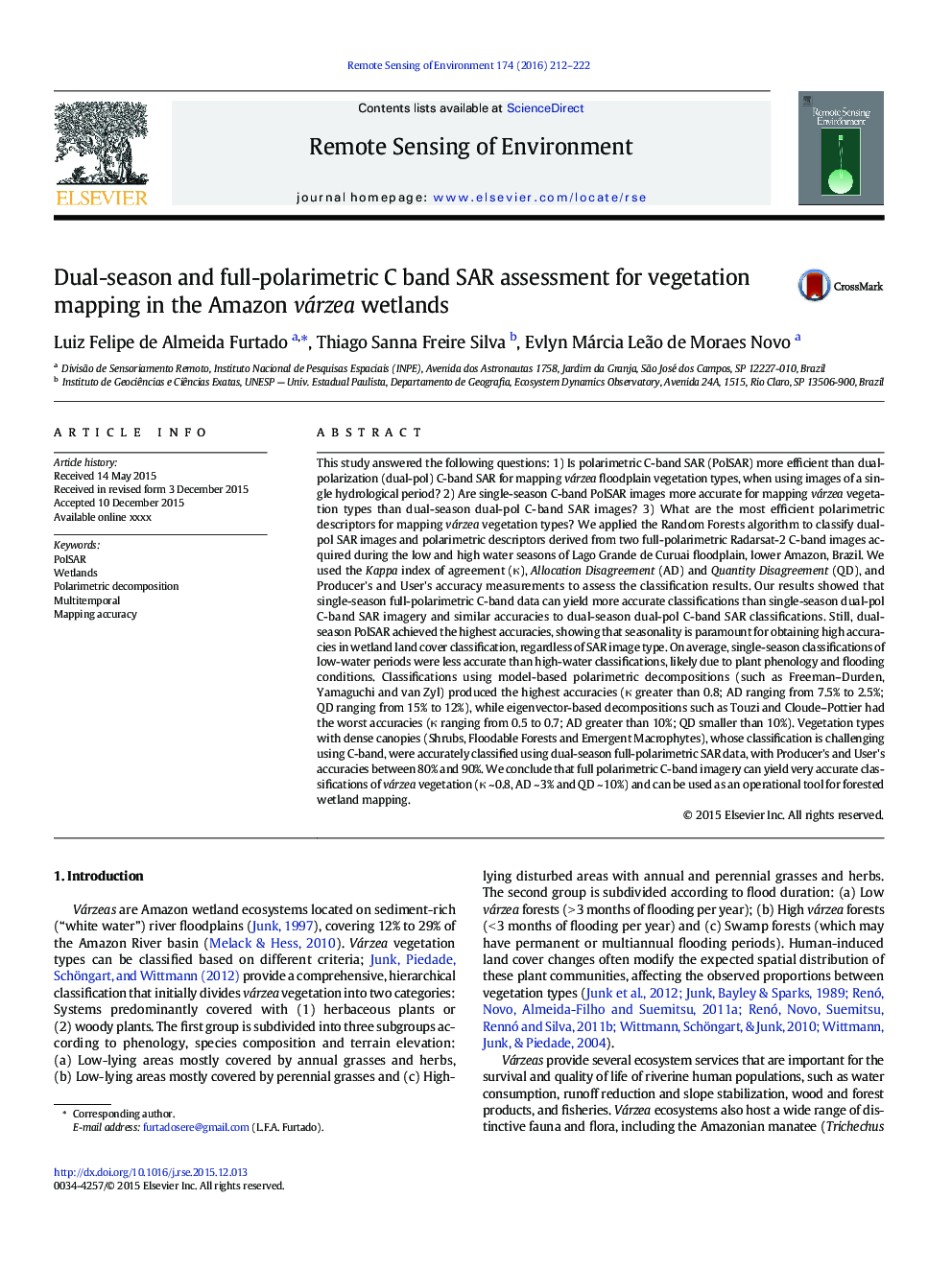 Dual-season and full-polarimetric C band SAR assessment for vegetation mapping in the Amazon várzea wetlands