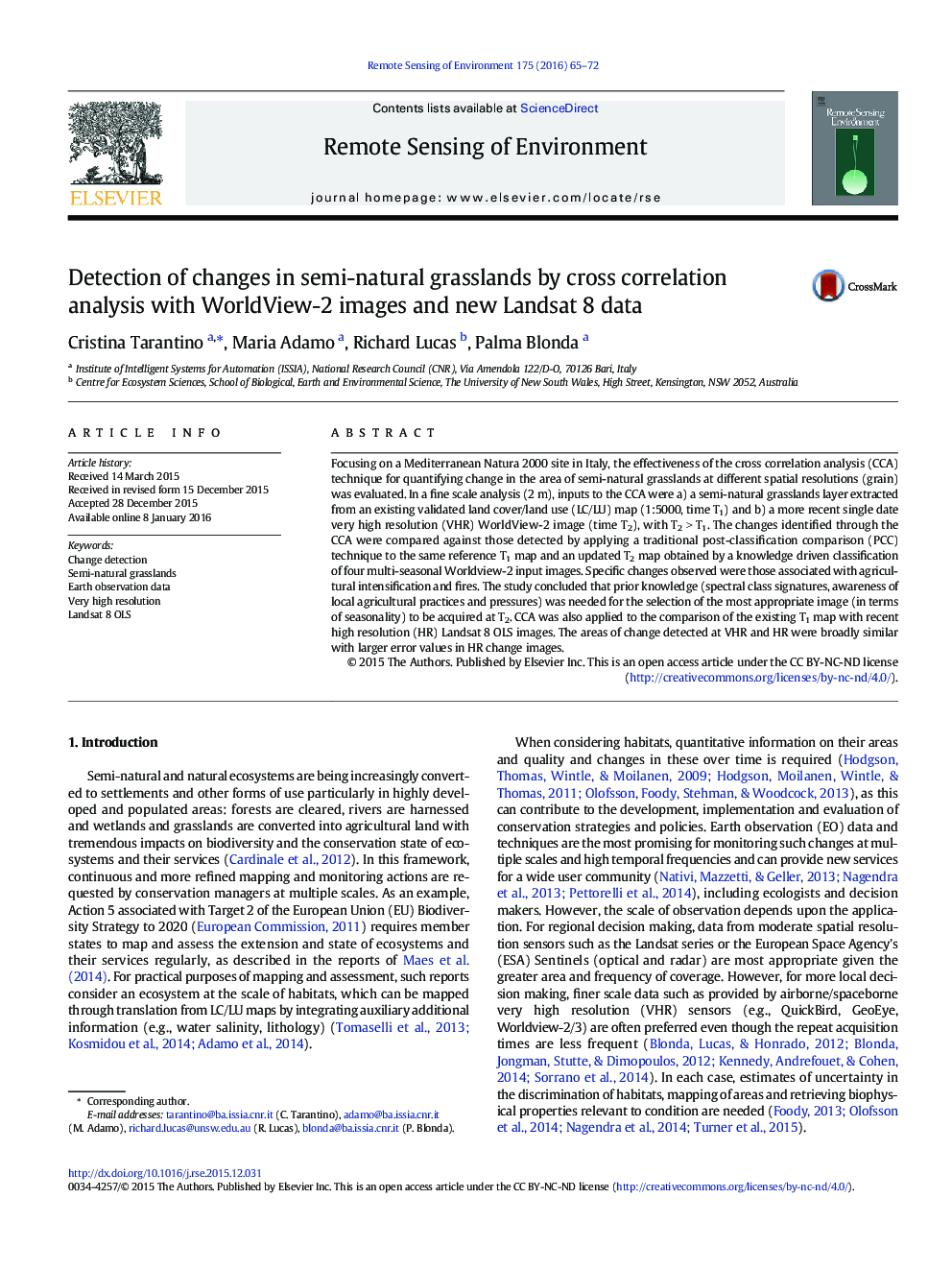 Detection of changes in semi-natural grasslands by cross correlation analysis with WorldView-2 images and new Landsat 8 data