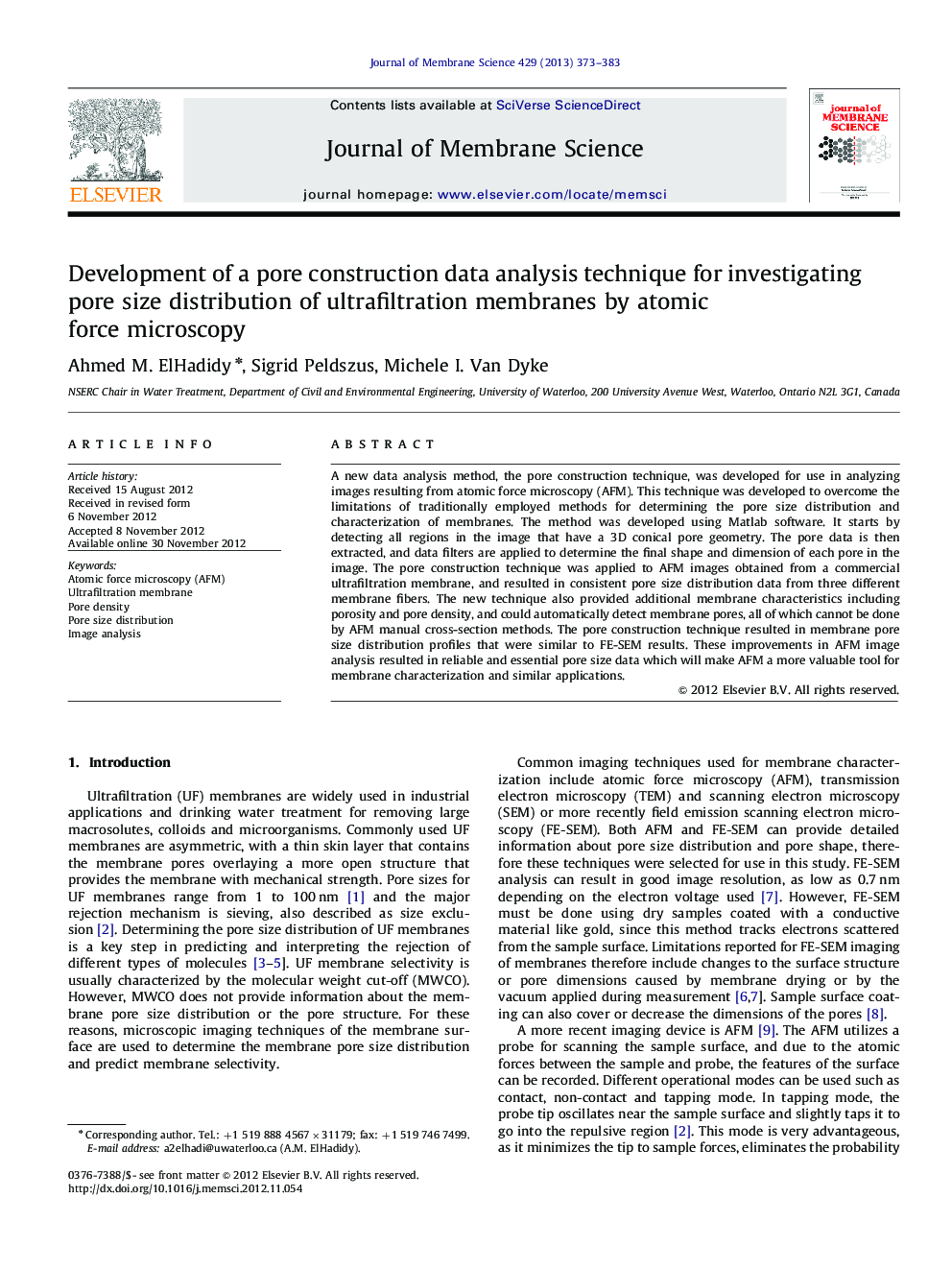 Development of a pore construction data analysis technique for investigating pore size distribution of ultrafiltration membranes by atomic force microscopy