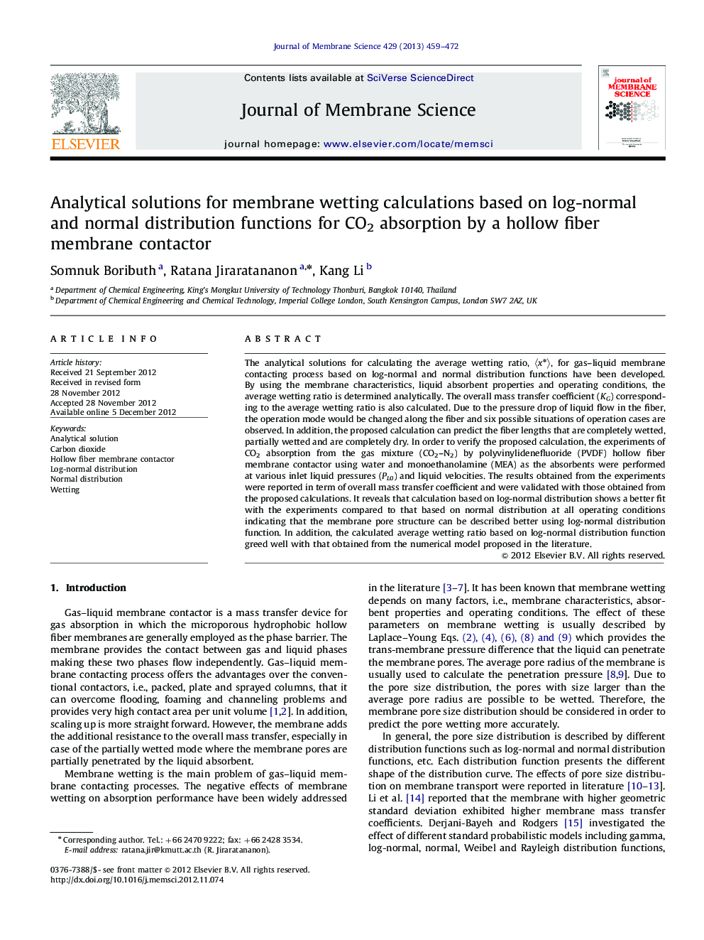 Analytical solutions for membrane wetting calculations based on log-normal and normal distribution functions for CO2 absorption by a hollow fiber membrane contactor