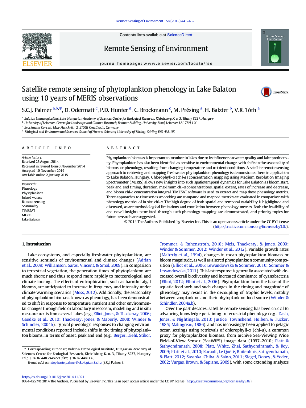 Satellite remote sensing of phytoplankton phenology in Lake Balaton using 10Â years of MERIS observations