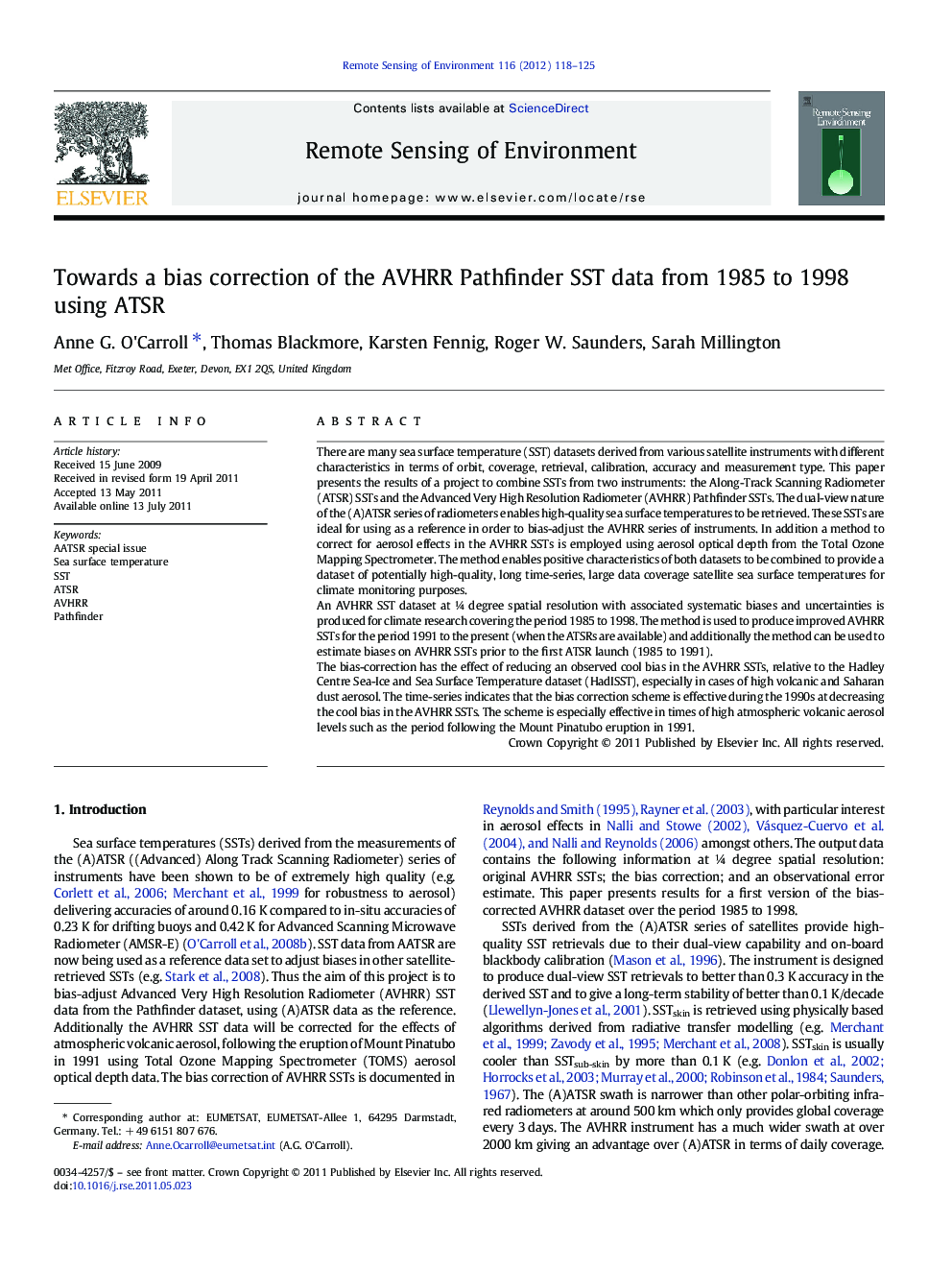 Towards a bias correction of the AVHRR Pathfinder SST data from 1985 to 1998 using ATSR