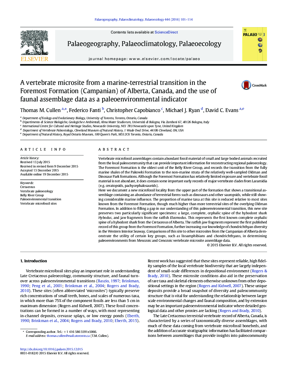 A vertebrate microsite from a marine-terrestrial transition in the Foremost Formation (Campanian) of Alberta, Canada, and the use of faunal assemblage data as a paleoenvironmental indicator