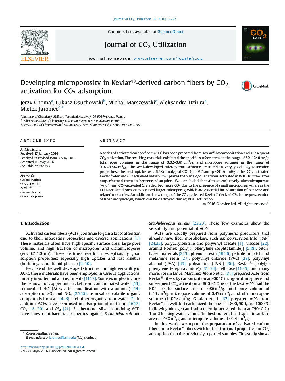 در حال توسعه ریز در الیاف کربن Kevlar® مشتق با فعال CO2 برای جذب CO2