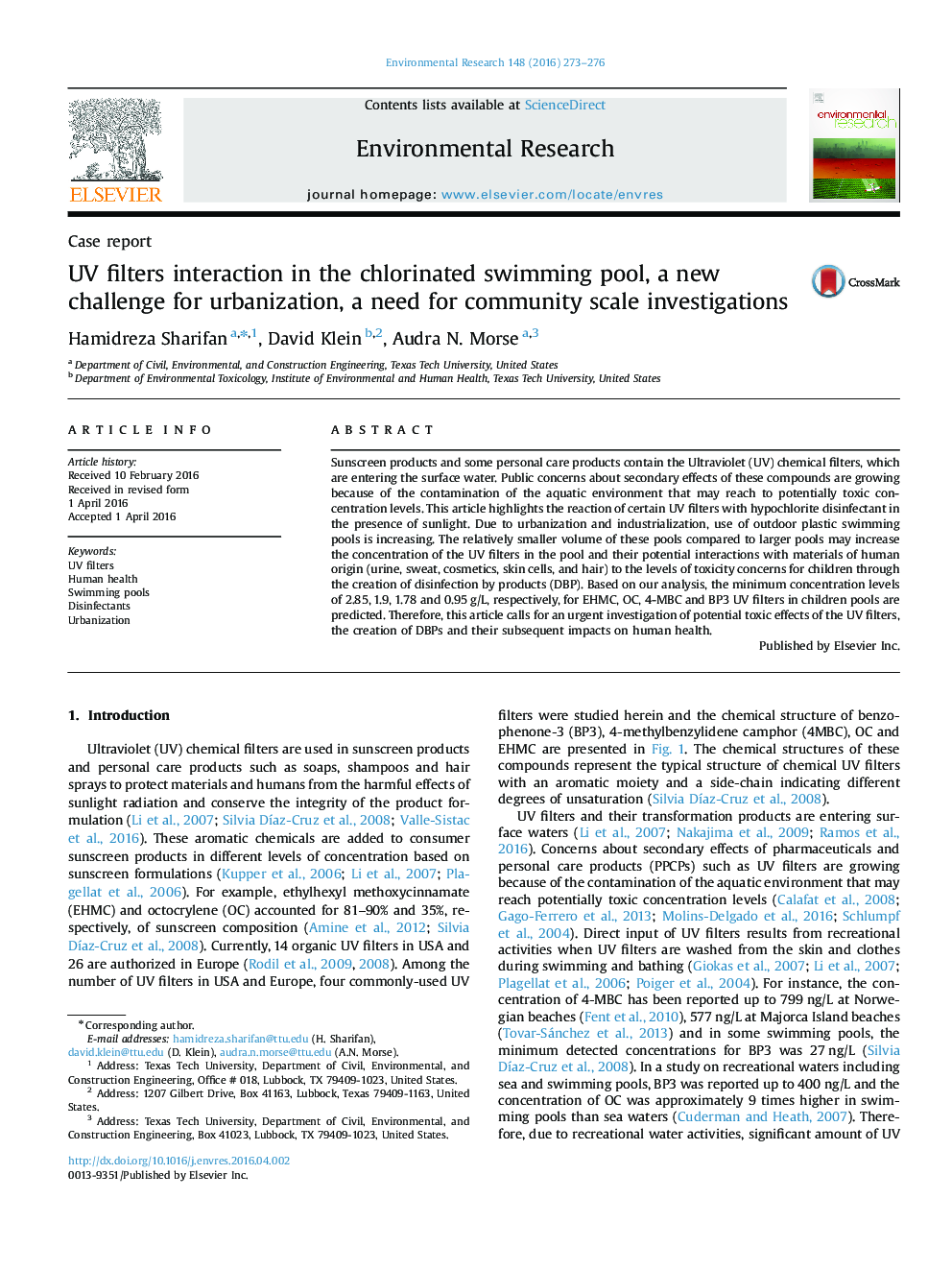 UV filters interaction in the chlorinated swimming pool, a new challenge for urbanization, a need for community scale investigations