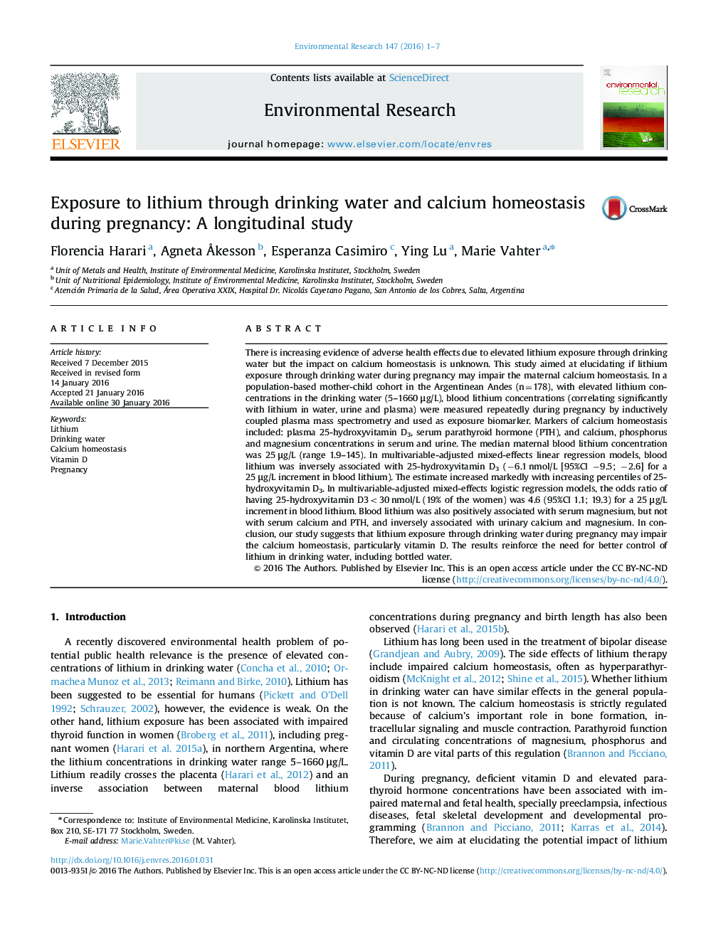 قرار گرفتن در معرض لیتیم از طریق آب آشامیدنی و هومیوستاز کلسیم در دوران بارداری: یک مطالعه طولی 