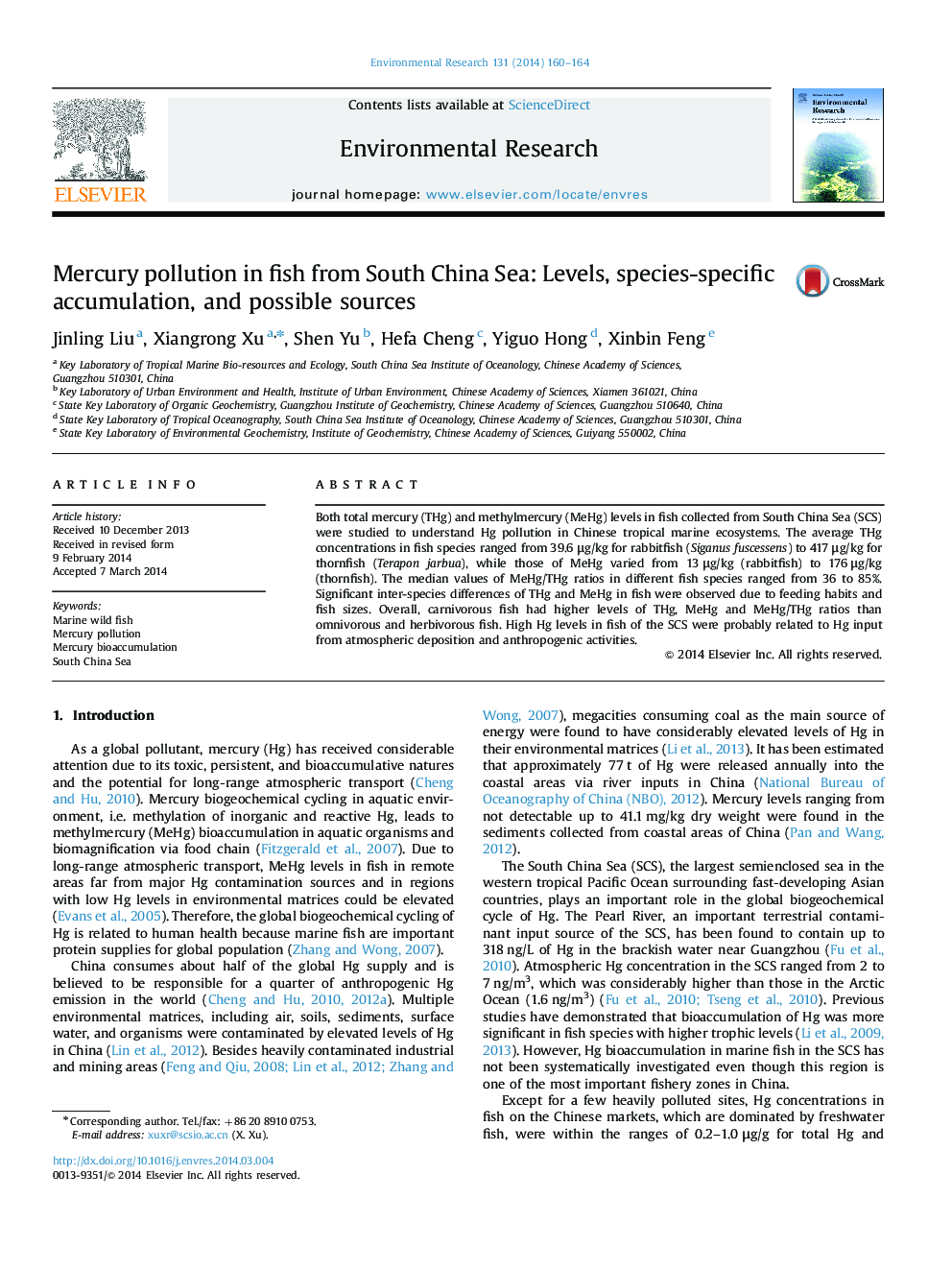 آلودگی جیوه در ماهی های دریای جنوب چین: سطوح، انباشت خاص گونه ها و منابع احتمالی 