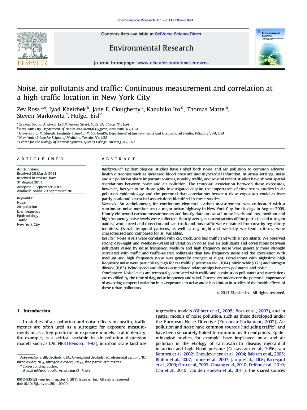 Noise, air pollutants and traffic: Continuous measurement and correlation at a high-traffic location in New York City