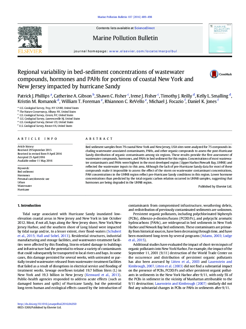 Regional variability in bed-sediment concentrations of wastewater compounds, hormones and PAHs for portions of coastal New York and New Jersey impacted by hurricane Sandy