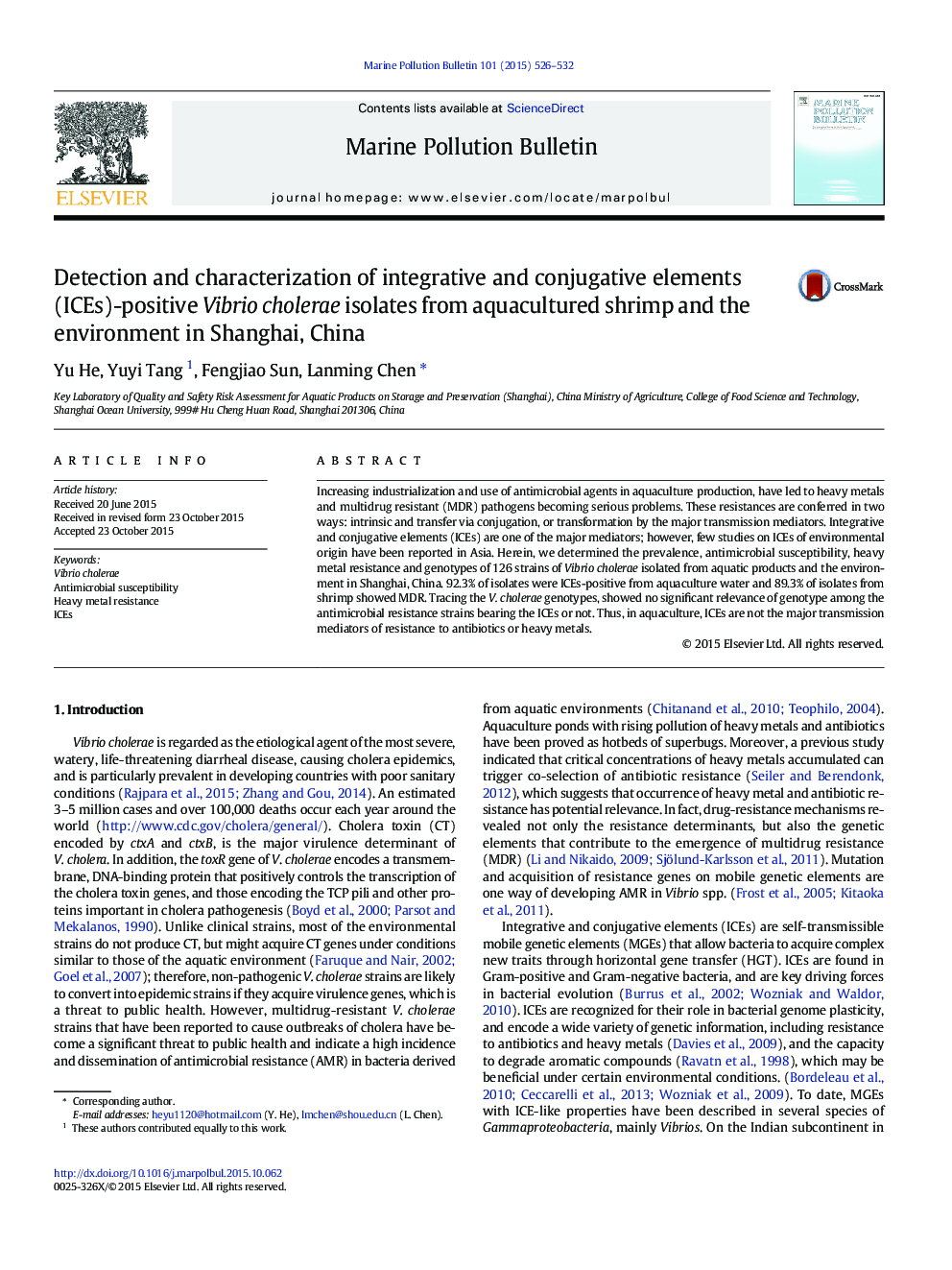 Detection and characterization of integrative and conjugative elements (ICEs)-positive Vibrio cholerae isolates from aquacultured shrimp and the environment in Shanghai, China