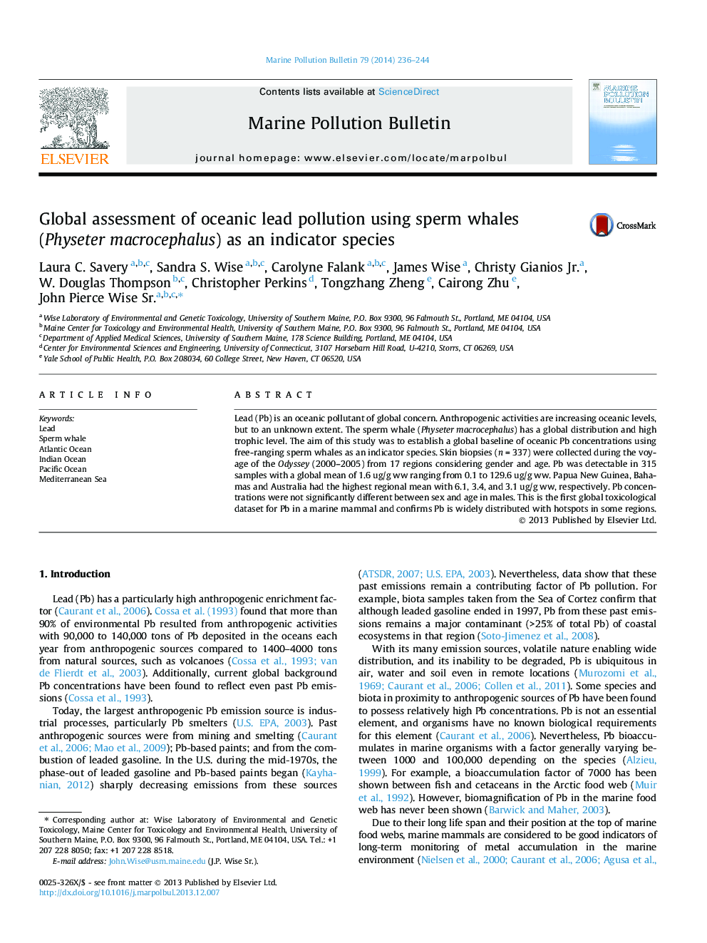 Global assessment of oceanic lead pollution using sperm whales (Physeter macrocephalus) as an indicator species