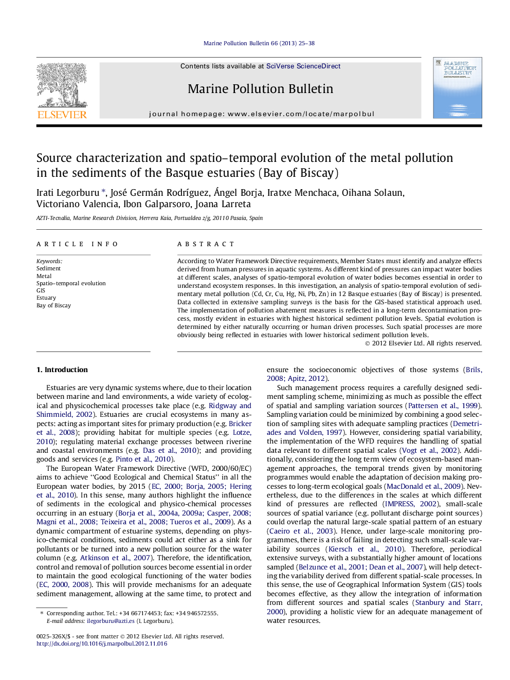 خصوصیات منبع و تکامل فضایی و زمانی آلودگی فلزات در رسوبات استوایی های باسک (خلیج بیسکی) 