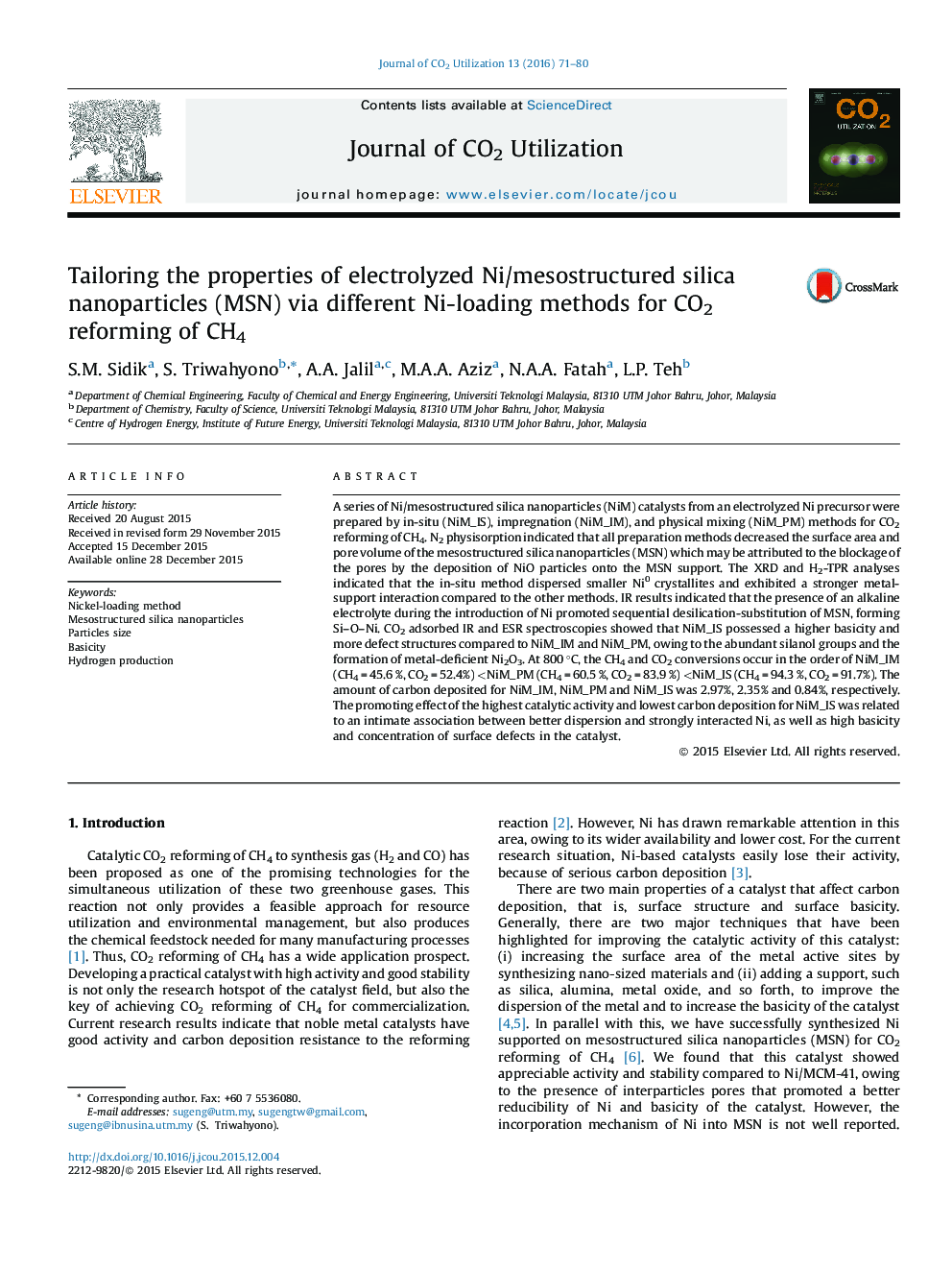 متناسب سازی خواص نانوذرات سیلیکای الکترولیز شده Ni/mesostructured (MSN) با استفاده از روش های مختلف بارگذاری Ni برای اصلاح CO2 CH4
