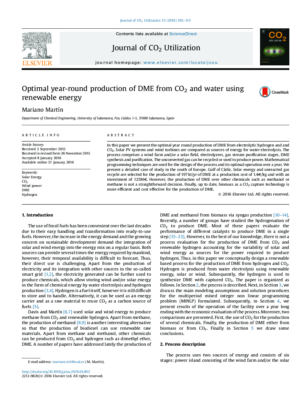Optimal year-round production of DME from CO2 and water using renewable energy
