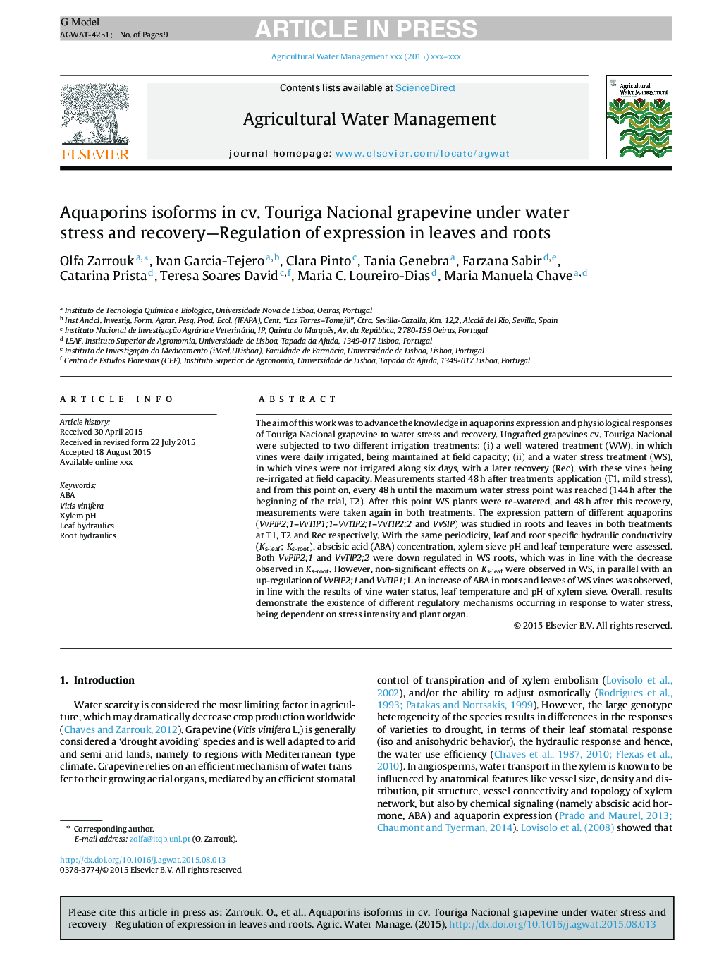 Aquaporins isoforms in cv. Touriga Nacional grapevine under water stress and recovery-Regulation of expression in leaves and roots