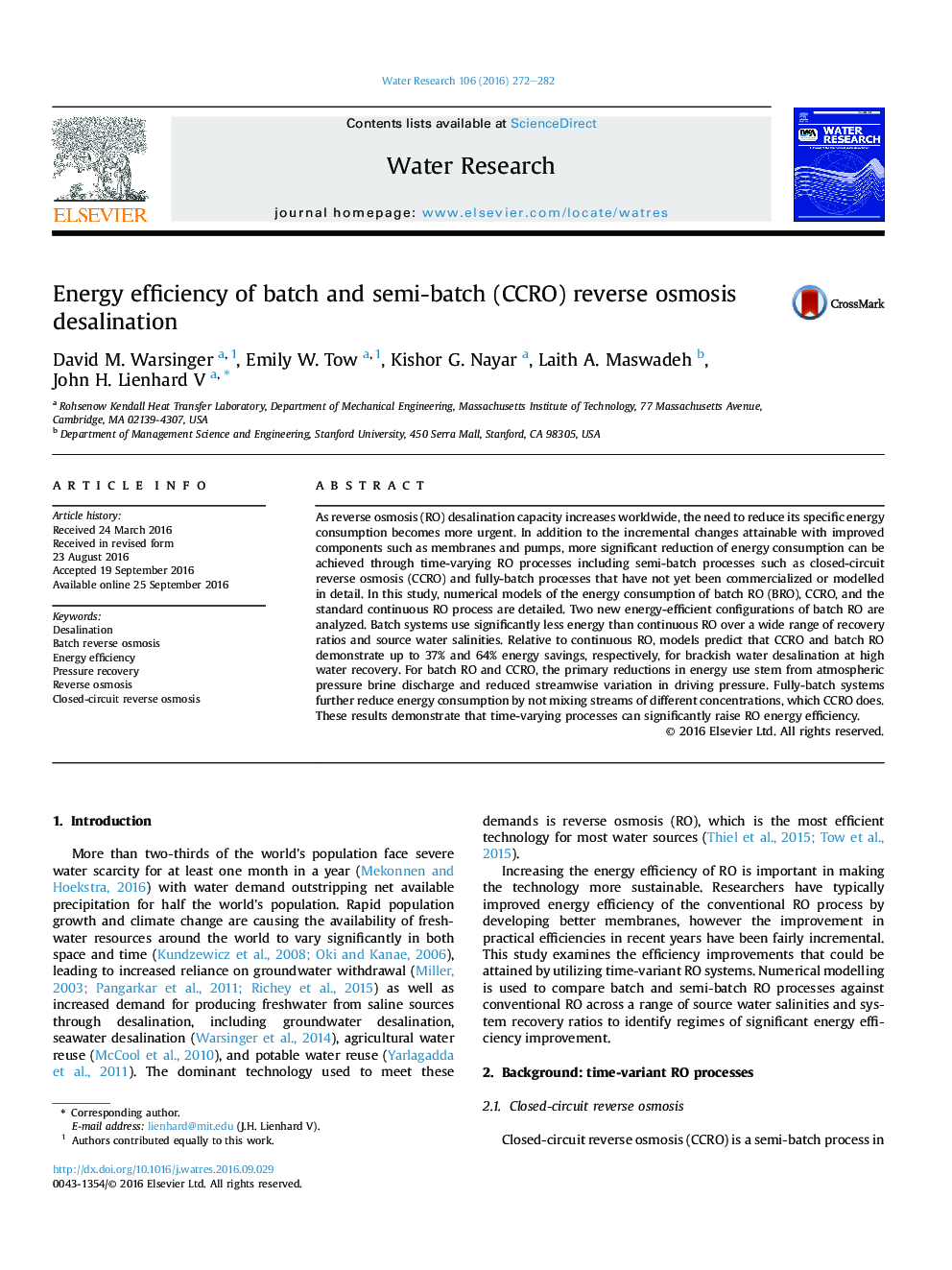 Energy efficiency of batch and semi-batch (CCRO) reverse osmosis desalination