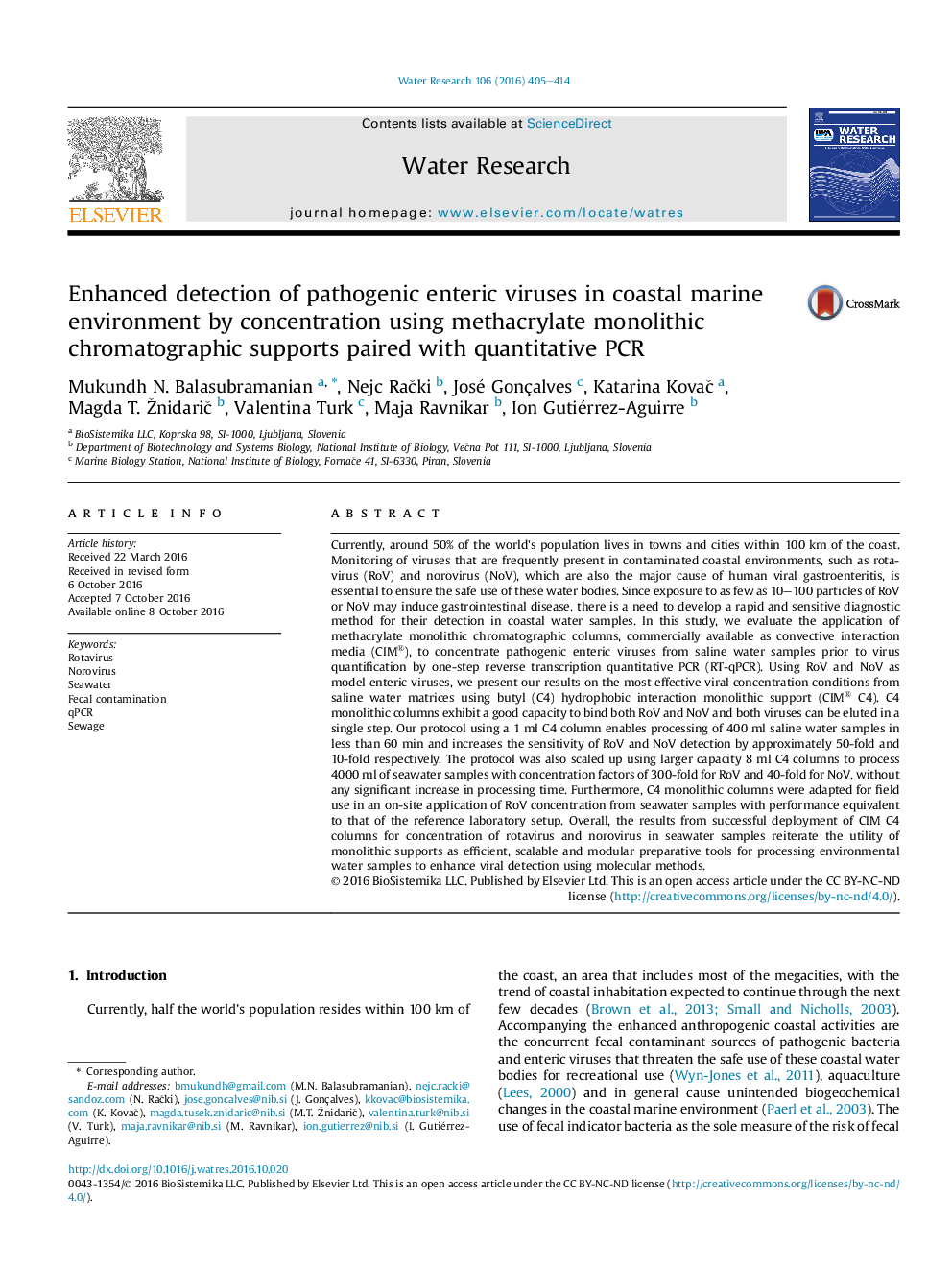 Enhanced detection of pathogenic enteric viruses in coastal marine environment by concentration using methacrylate monolithic chromatographic supports paired with quantitative PCR