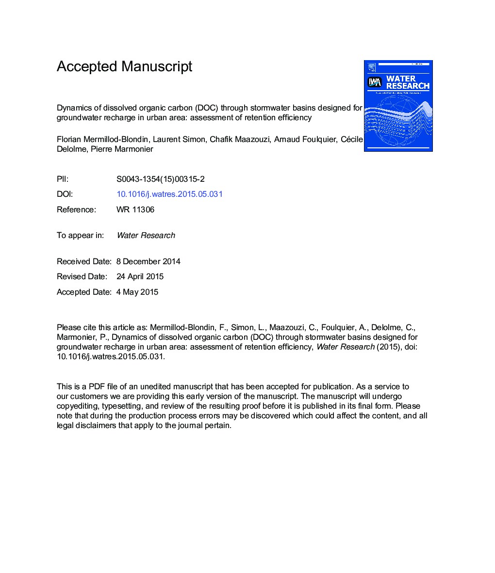 Dynamics of dissolved organic carbon (DOC) through stormwater basins designed for groundwater recharge in urban area: Assessment of retention efficiency