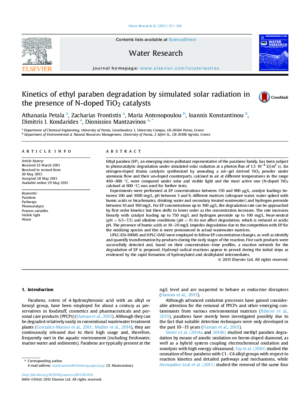 Kinetics of ethyl paraben degradation by simulated solar radiation in the presence of N-doped TiO2 catalysts