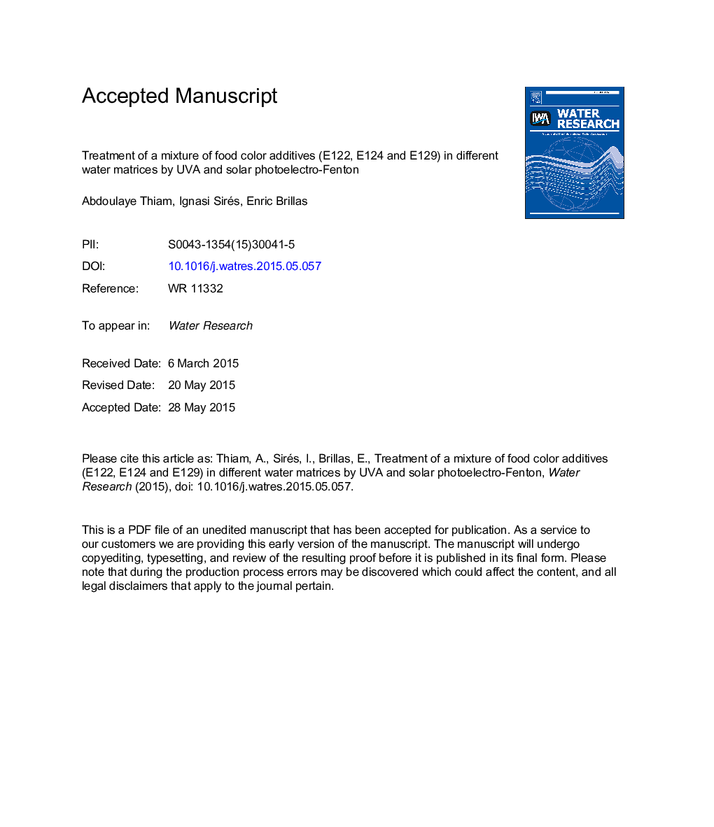 Treatment of a mixture of food color additives (E122, E124 and E129) in different water matrices by UVA and solar photoelectro-Fenton