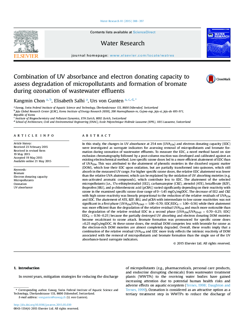 Combination of UV absorbance and electron donating capacity to assess degradation of micropollutants and formation of bromate during ozonation of wastewater effluents