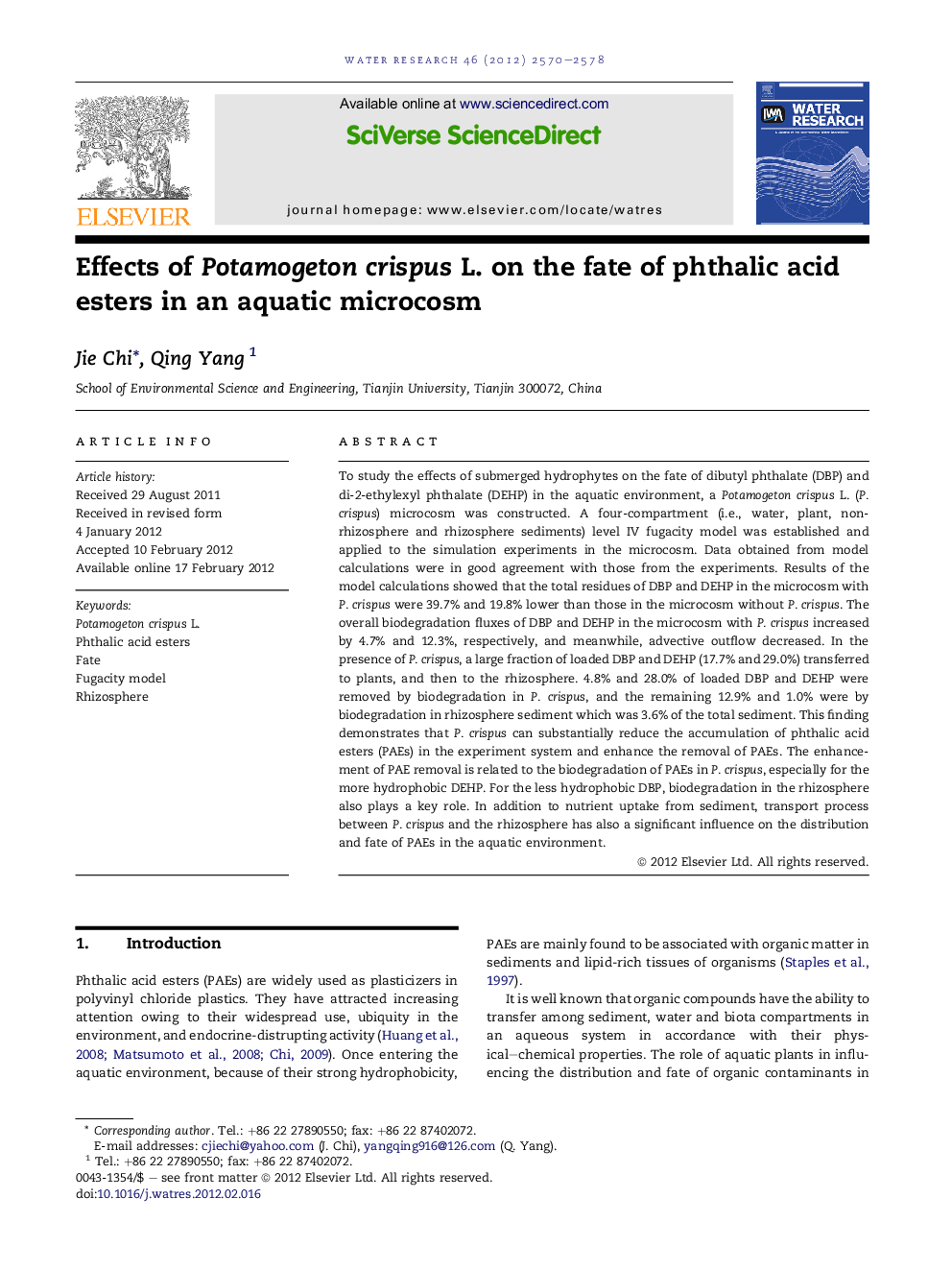 Effects of Potamogeton crispus L. on the fate of phthalic acid esters in an aquatic microcosm