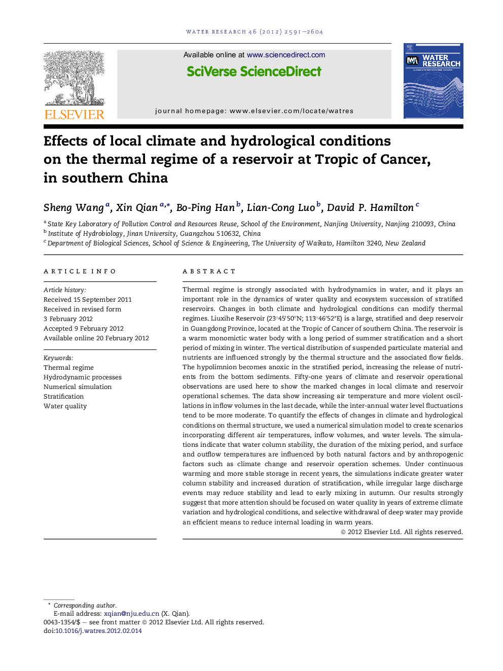 Effects of local climate and hydrological conditions on the thermal regime of a reservoir at Tropic of Cancer, in southern China